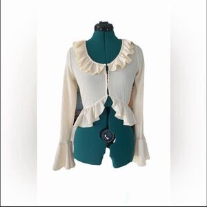 Cream knit sheer cardigan sweater with ruffles and bell sleeves Sz XS